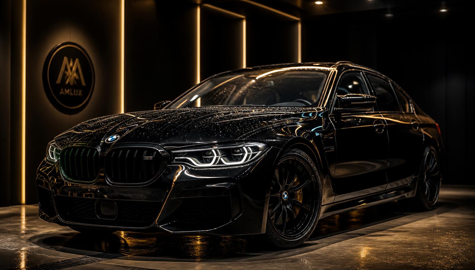 Freshly detailed black luxury sedan with a mirror gloss finish