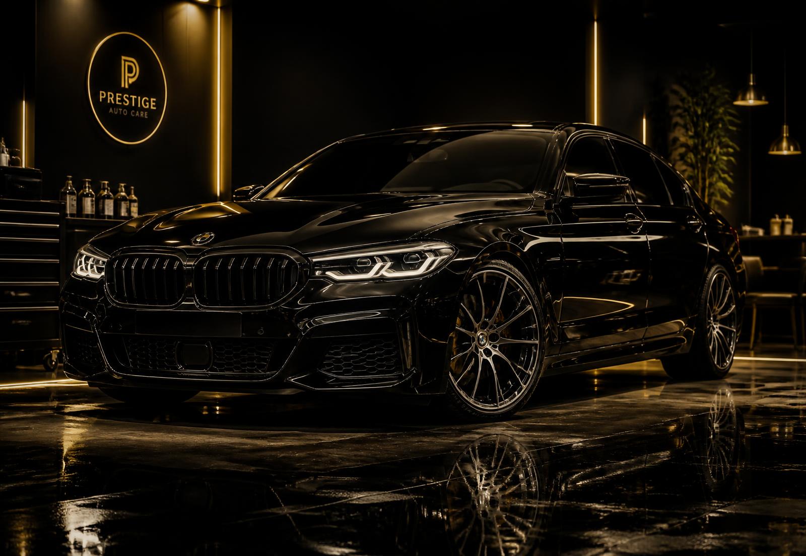 Freshly detailed black luxury sedan in a studio