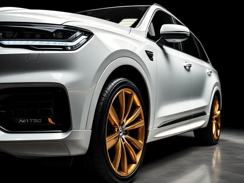 Detailed white luxury SUV with gold wheels under studio lighting