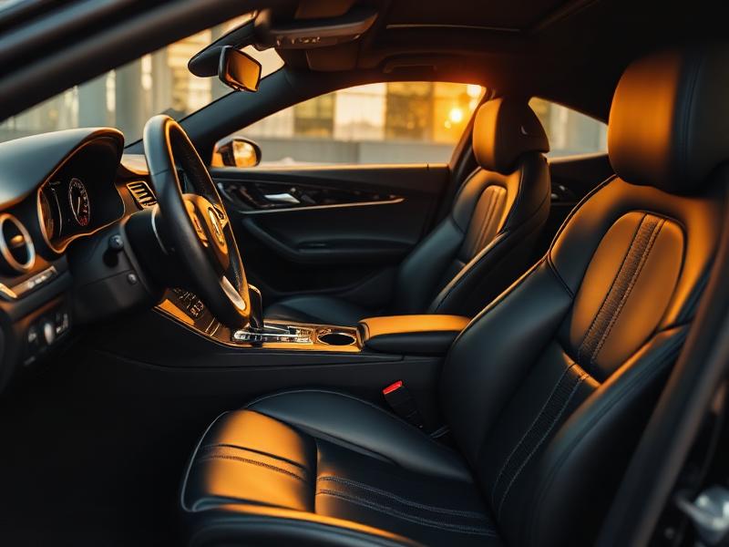 Spotless black leather luxury car interior after detailing