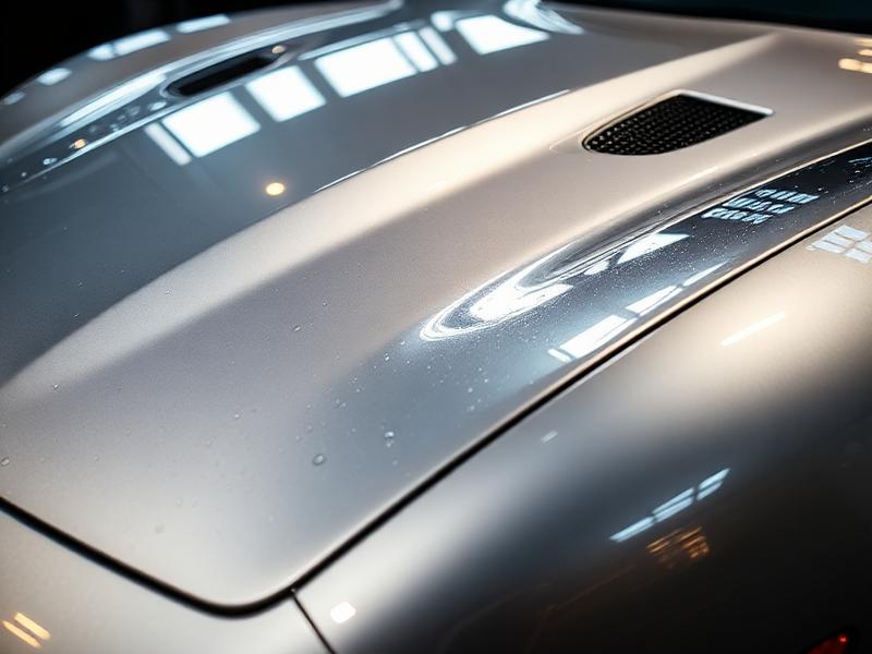 Close-up of a glossy silver coupe hood with water beading